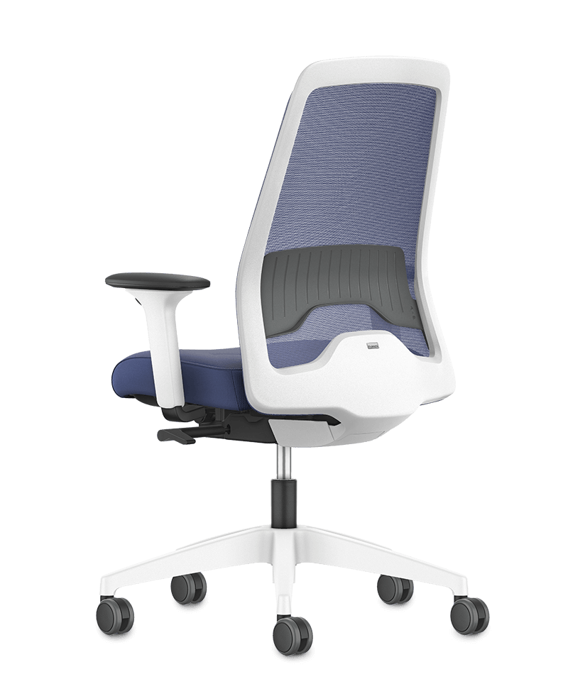 EVERY swivel chair with a blue mesh backrest, blue seat cover, black arm pads and white plastic parts (incl. base, back frame) | by Interstuhl 
