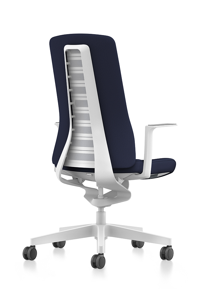 Side view of PURE design swivel chair with blue upholstered backrest, blue seat cover, white T-armrests and plastic parts in white, (base, column, among others) with Smart Spring technology | by Andreas Krob & Joachim Brüske, b4k