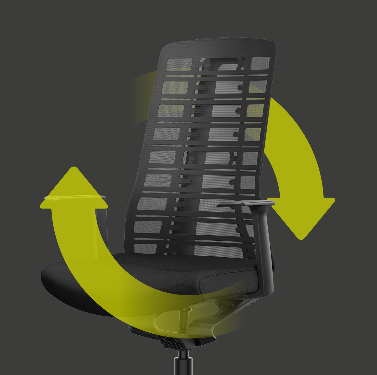Side view of the PURE ergonomic office chair with black mesh backrest, black seat cover, black T-armrests and plastic parts in black with two green arrows arranged in a circle. The arrows indicate sustainability and reusability.