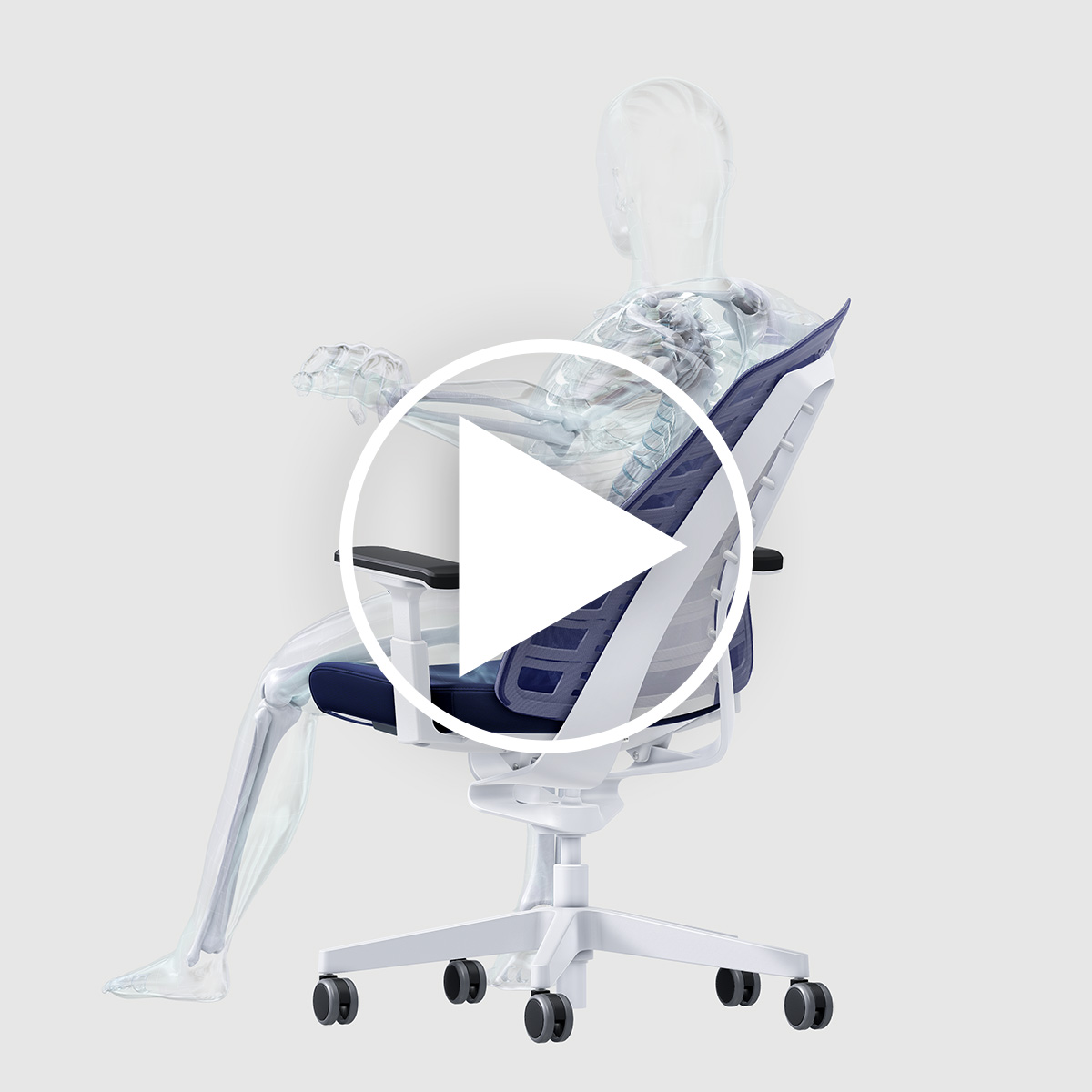 Video, hvor de tre faktorer vedrørende sundhed og ergonomi vises med et menneske, der sidder på PURE-skrivebordsstolen.